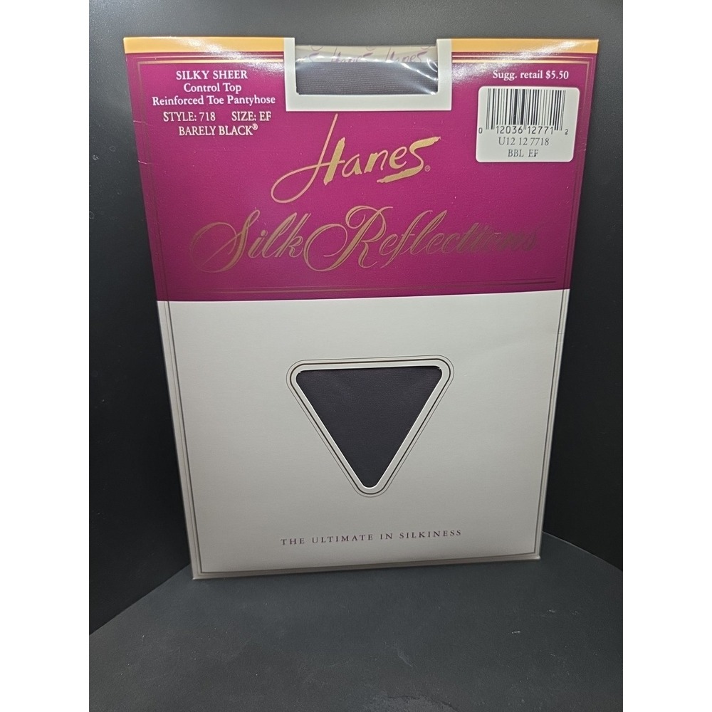 Hanes Silk Reflections Pantyhose Black Silky Sheer Control Top Style 718 Size EF